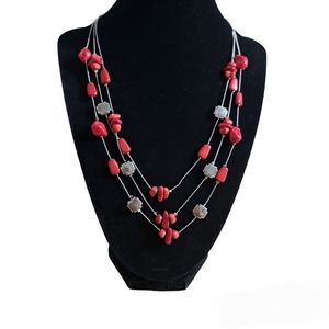 Women's Necklace Triple Layer Red Faux Coral Silver‎ Tone 10 inches